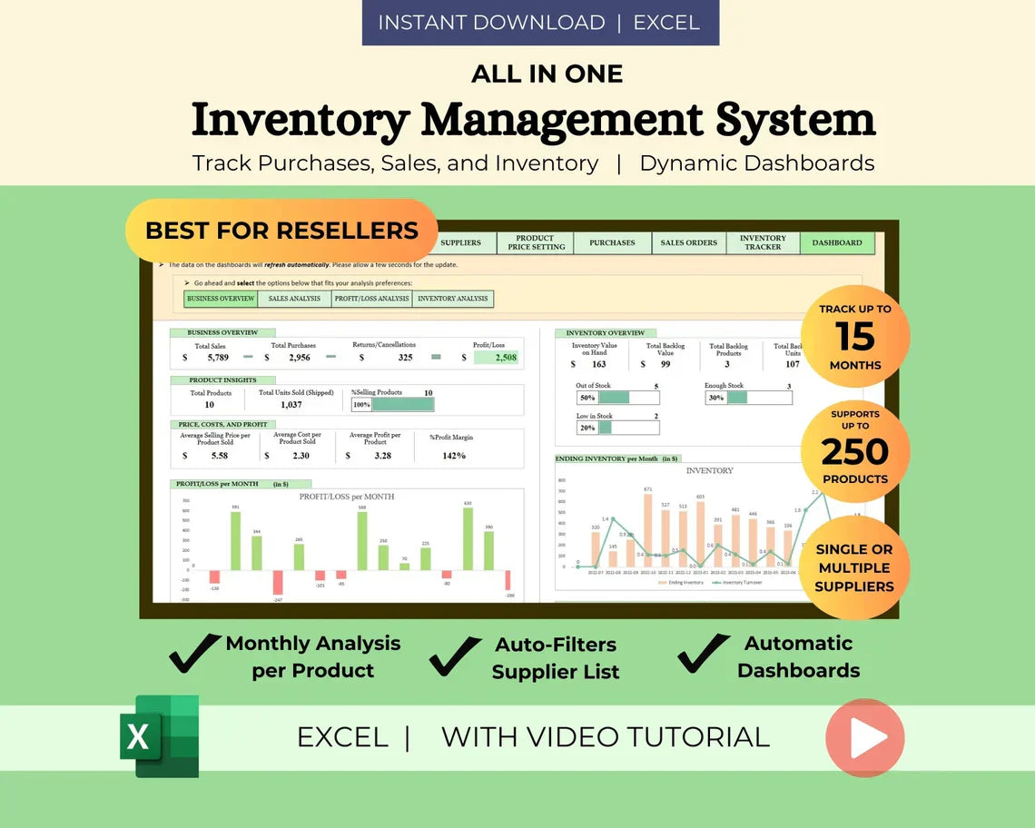 Sales & Inventory Tracker Excel Spreadsheet for Resellers